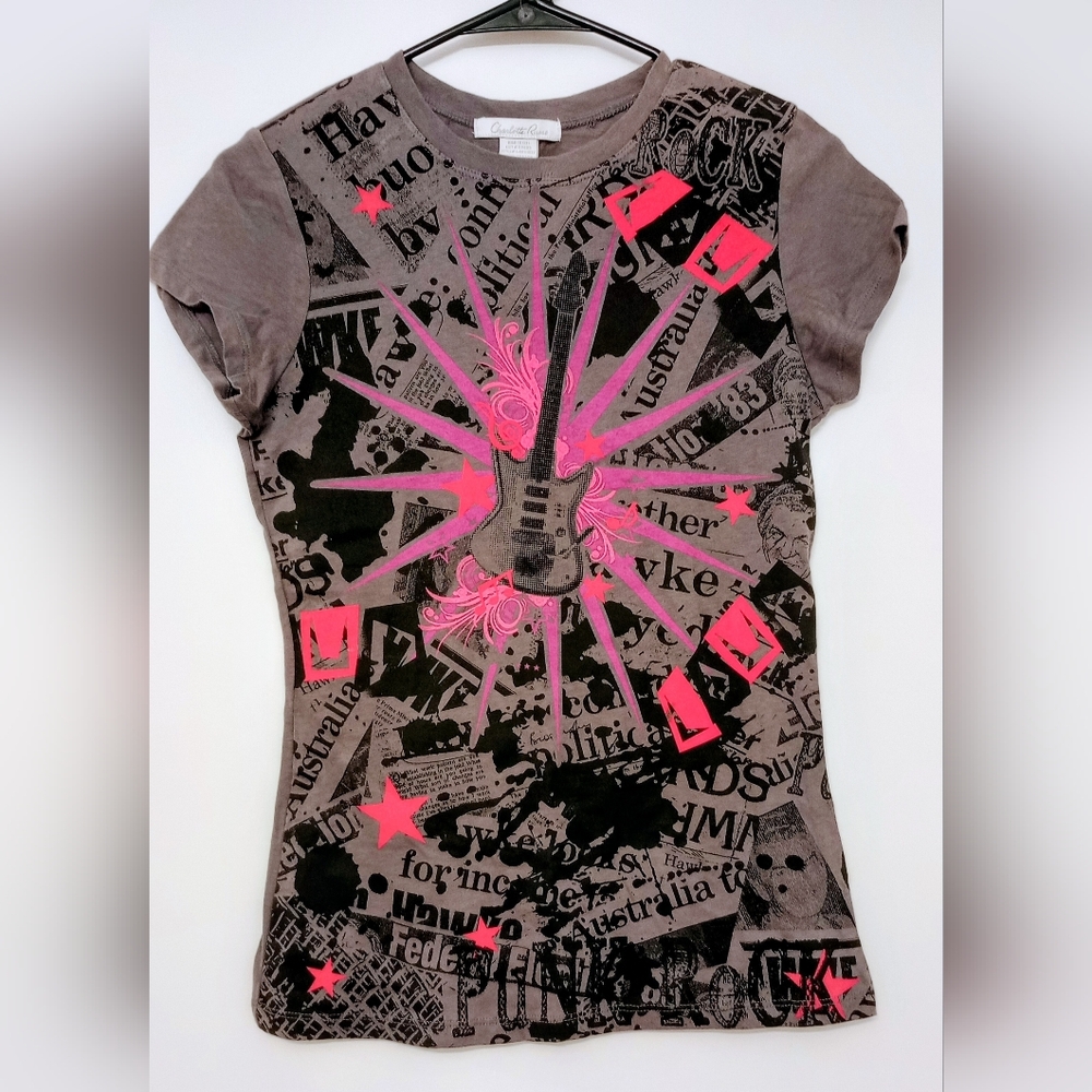Graphic Tee Khaki Color with Black Guitar& Pink Design, By Charlotte Russe SizeM